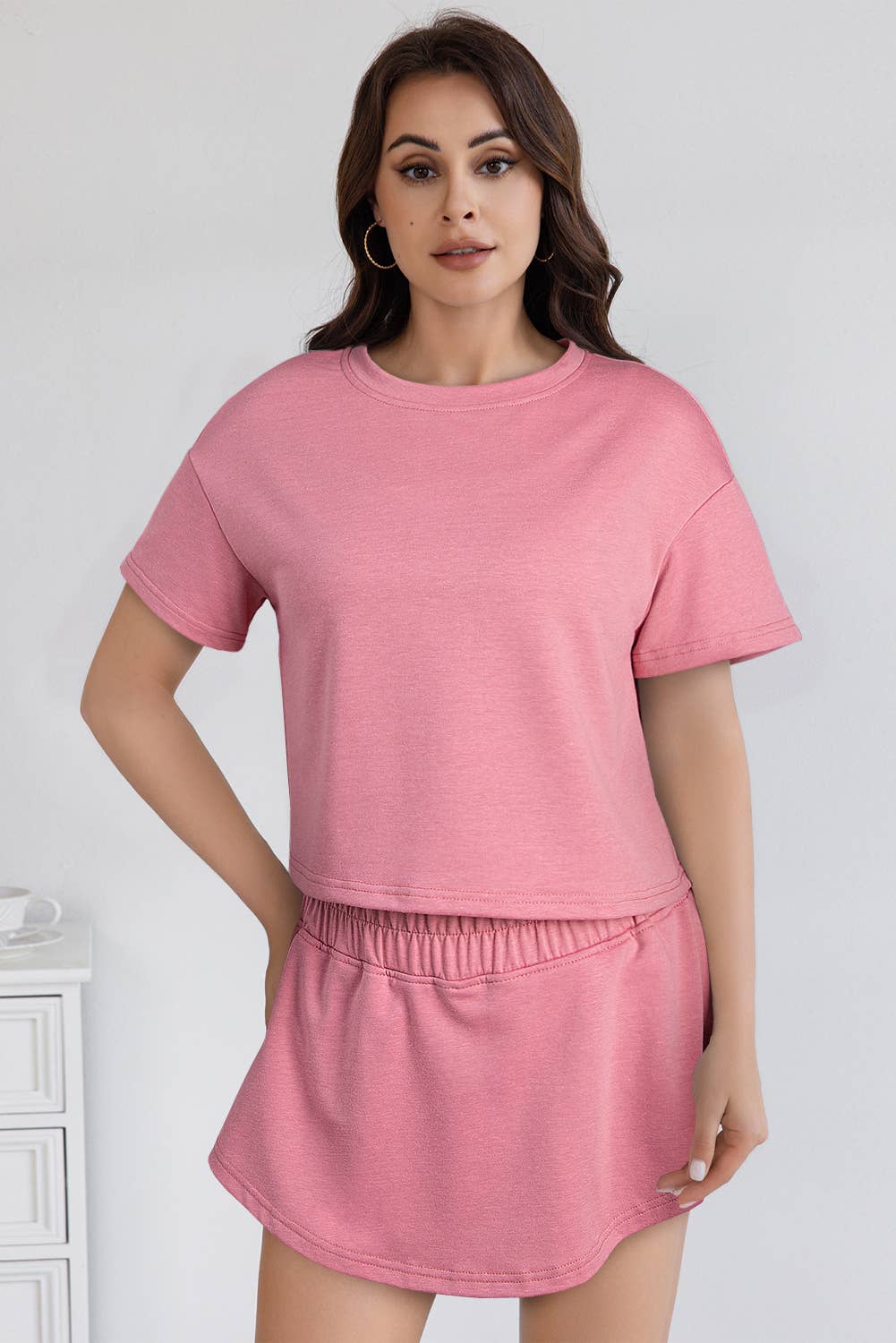 Cropped Tee and Ruffle High Waist Skort Set: Beige