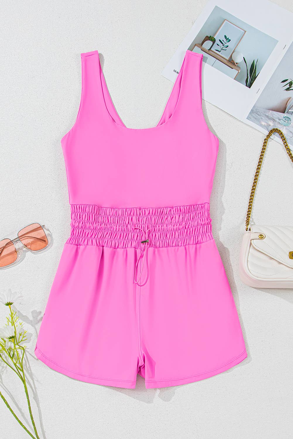 Tank Loop Drawstring Cinched Waist Romper: Blue