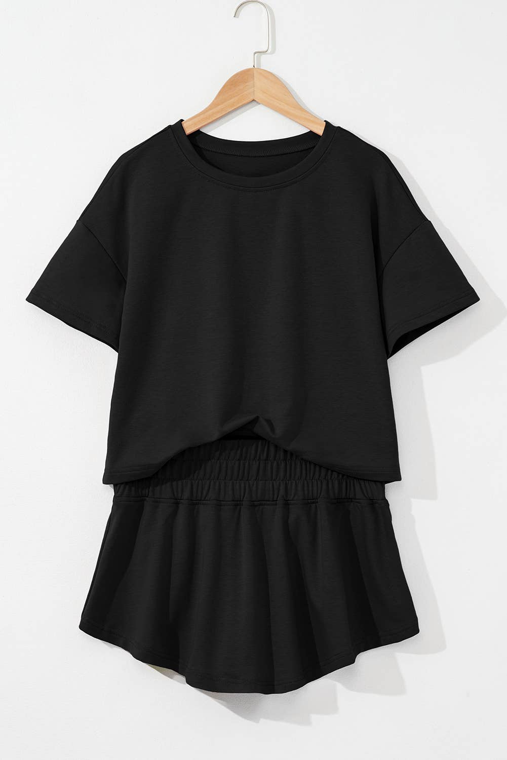 Cropped Tee and Ruffle High Waist Skort Set: Beige