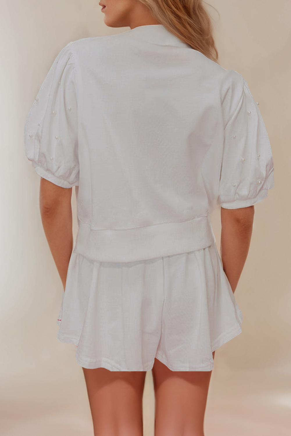 Contrast Bow-Trim Pearl Blouse and Skort 2-Piece Set: Pink