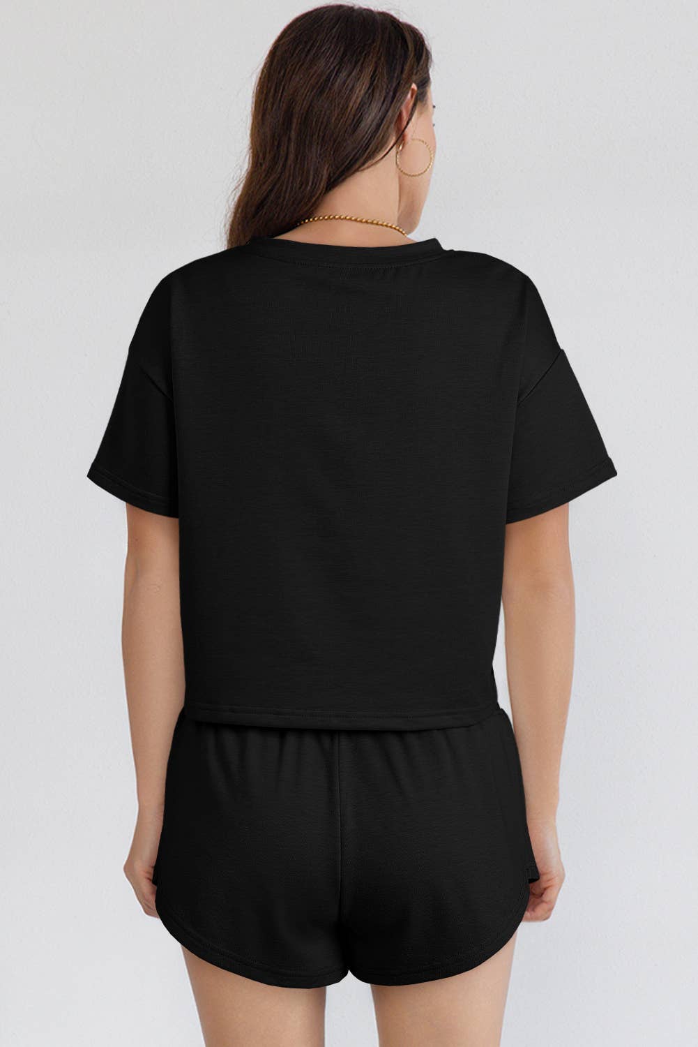 Cropped Tee and Ruffle High Waist Skort Set: Black