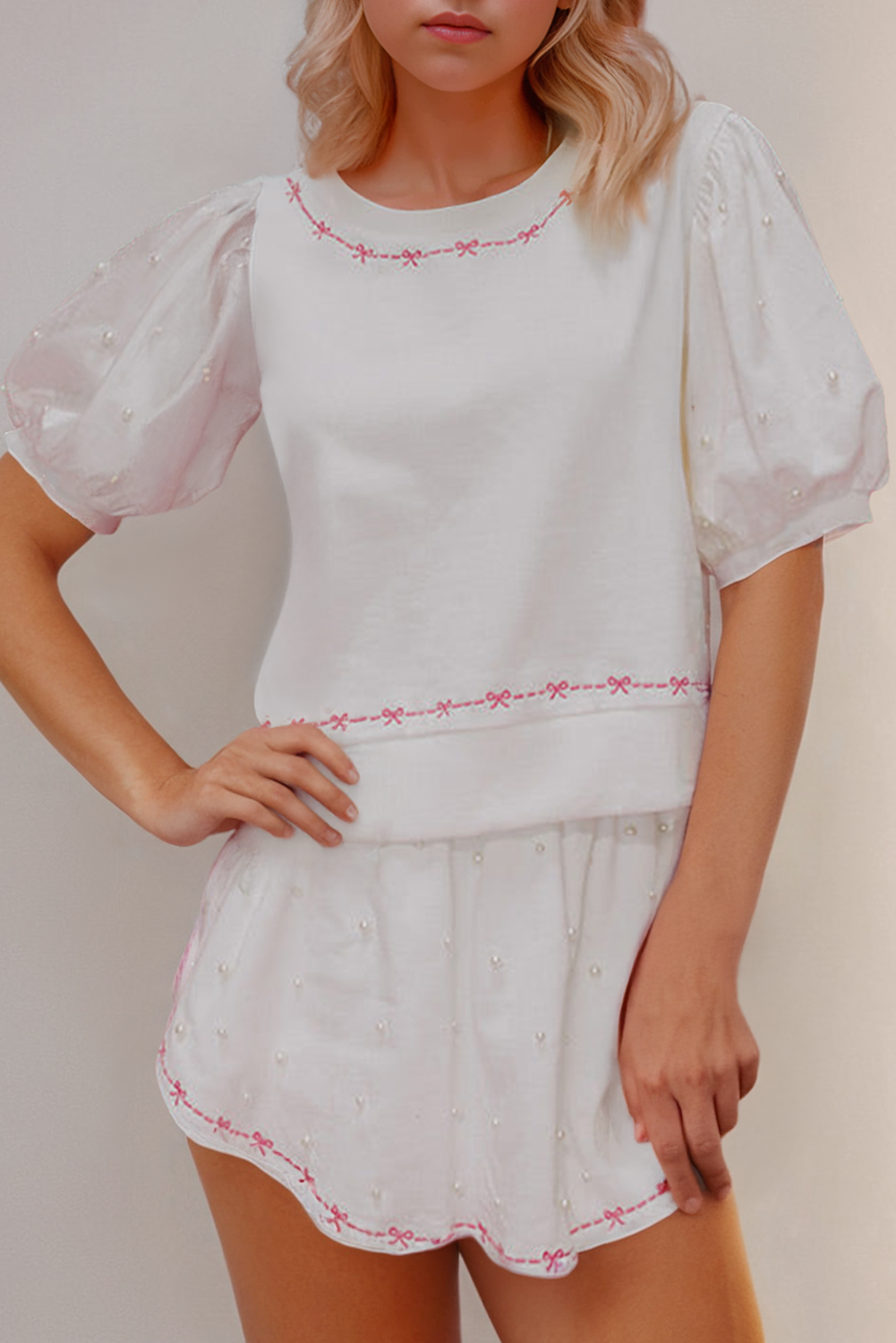 Contrast Bow-Trim Pearl Blouse and Skort 2-Piece Set: Pink