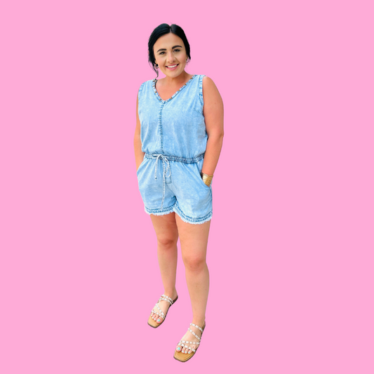 Studded V Neck Denim Romper