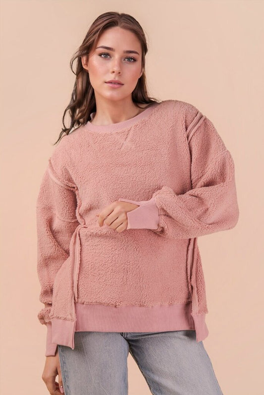 Oversized Casual Solid Fleece Top - Round Neck -