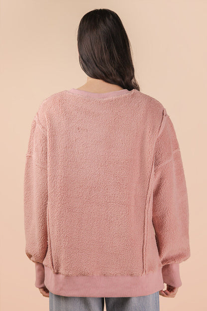 Oversized Casual Solid Fleece Top - Round Neck -