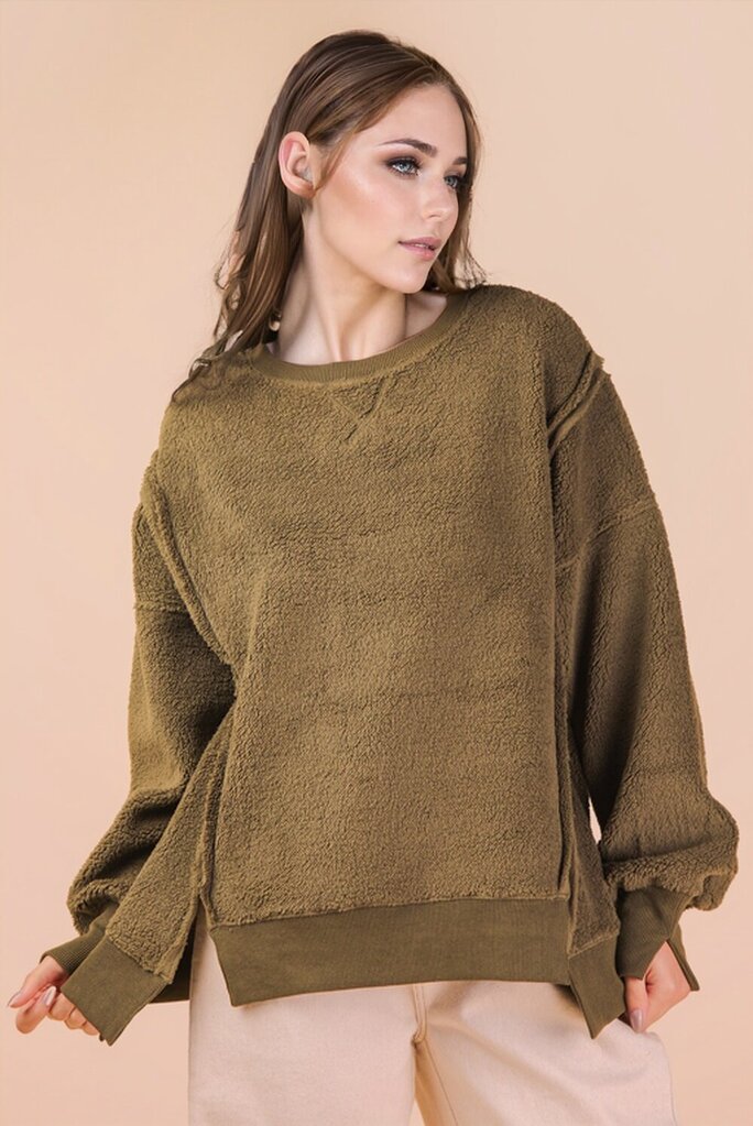 Oversized Casual Solid Fleece Top - Round Neck -