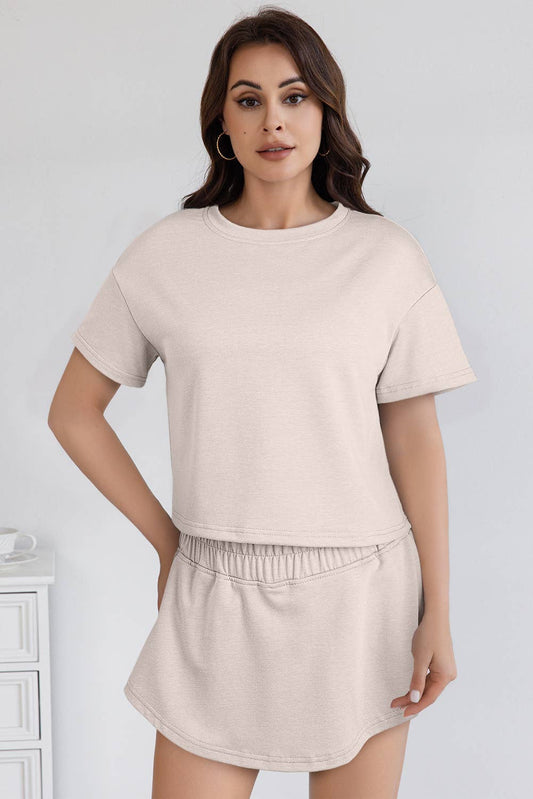 Cropped Tee and Ruffle High Waist Skort Set: Beige