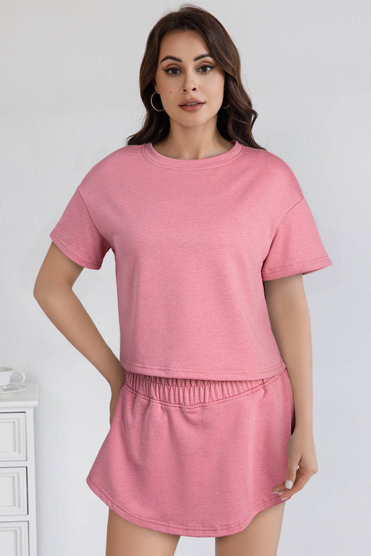 Cropped Tee and Ruffle High Waist Skort Set: Coral