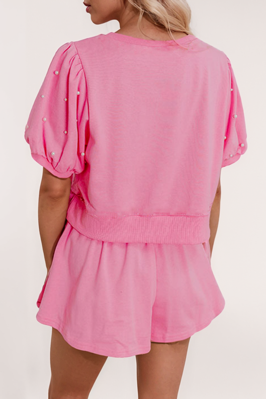 Contrast Bow-Trim Pearl Blouse and Skort 2-Piece Set: Pink
