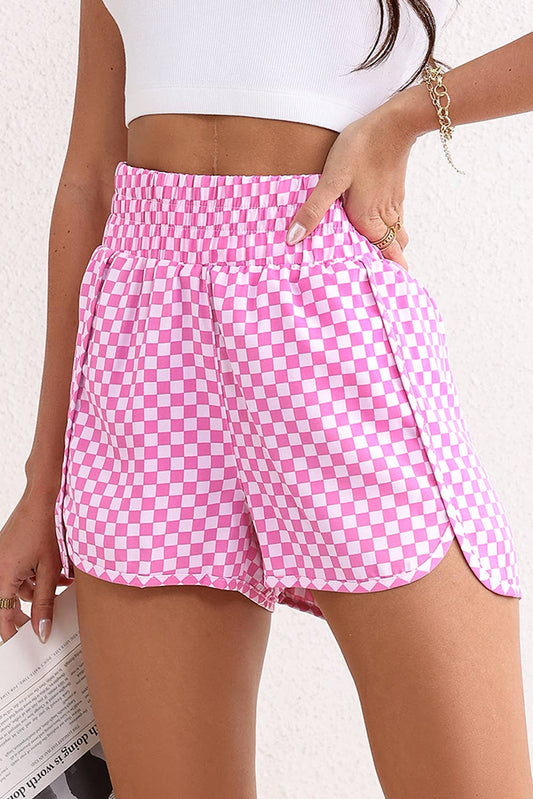 Pink Plaid High Waist Athletic Shorts: