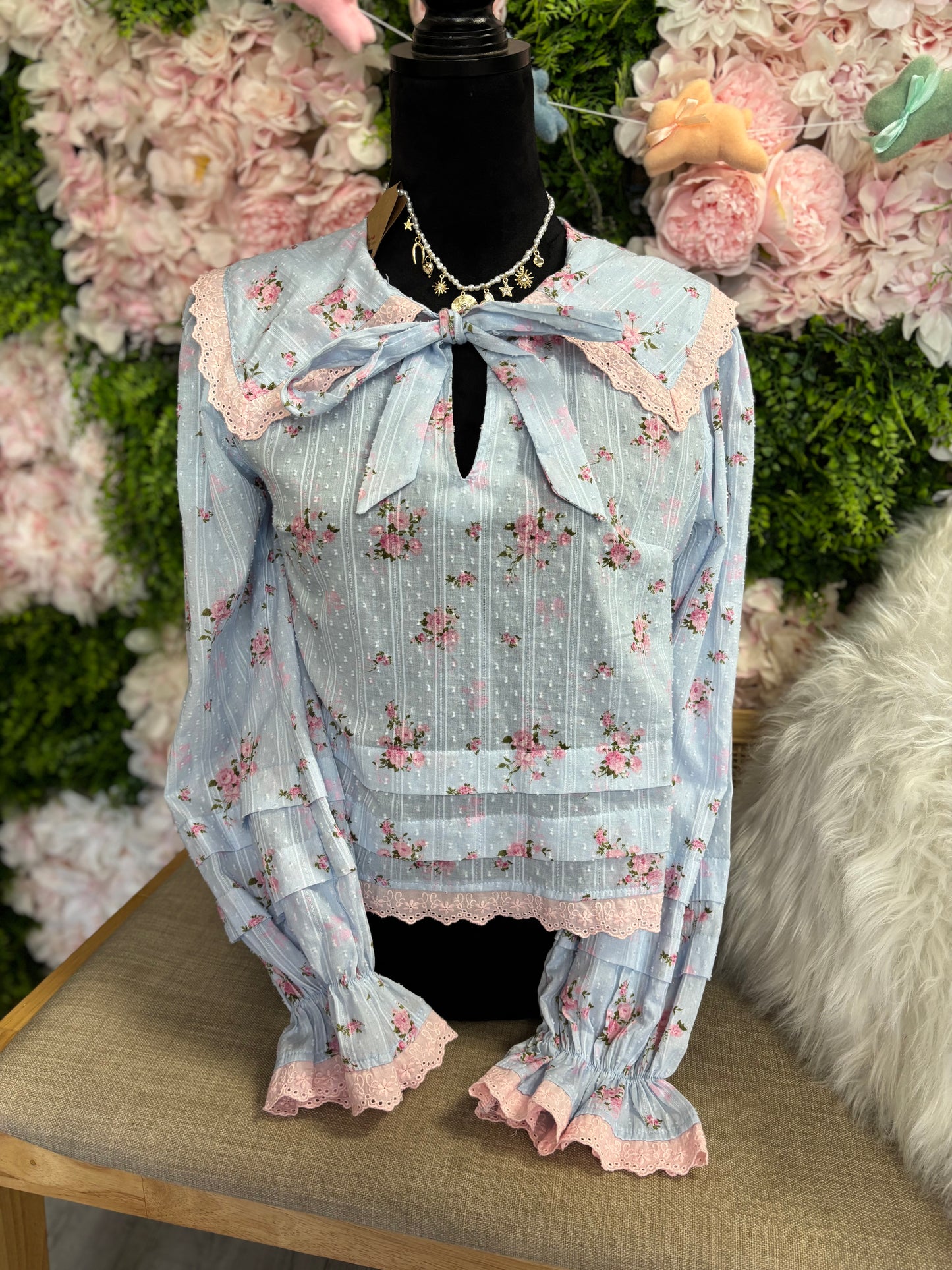 Blue  Floral Lace trim Blouse