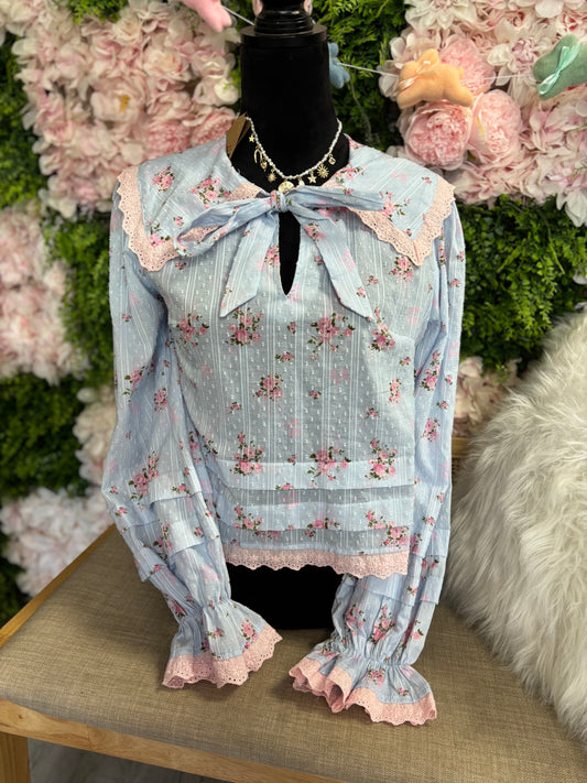 Blue  Floral Lace trim Blouse