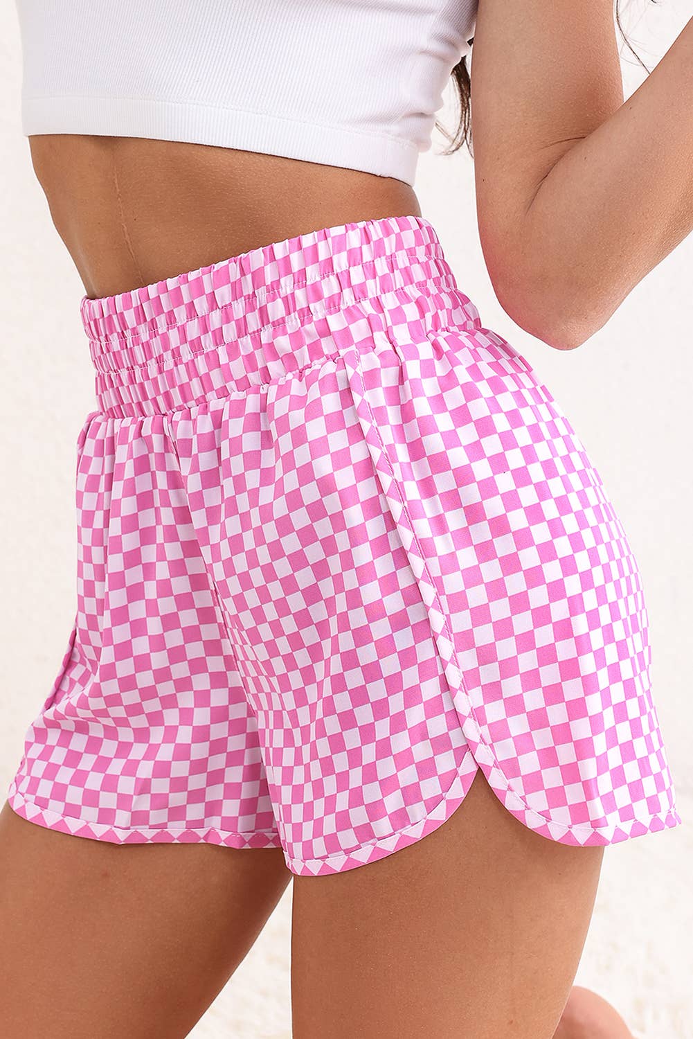 Pink Plaid High Waist Athletic Shorts: