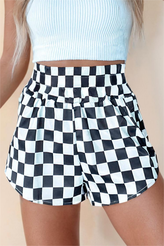 Checkered Print High Waist Casual Shorts: Black and White