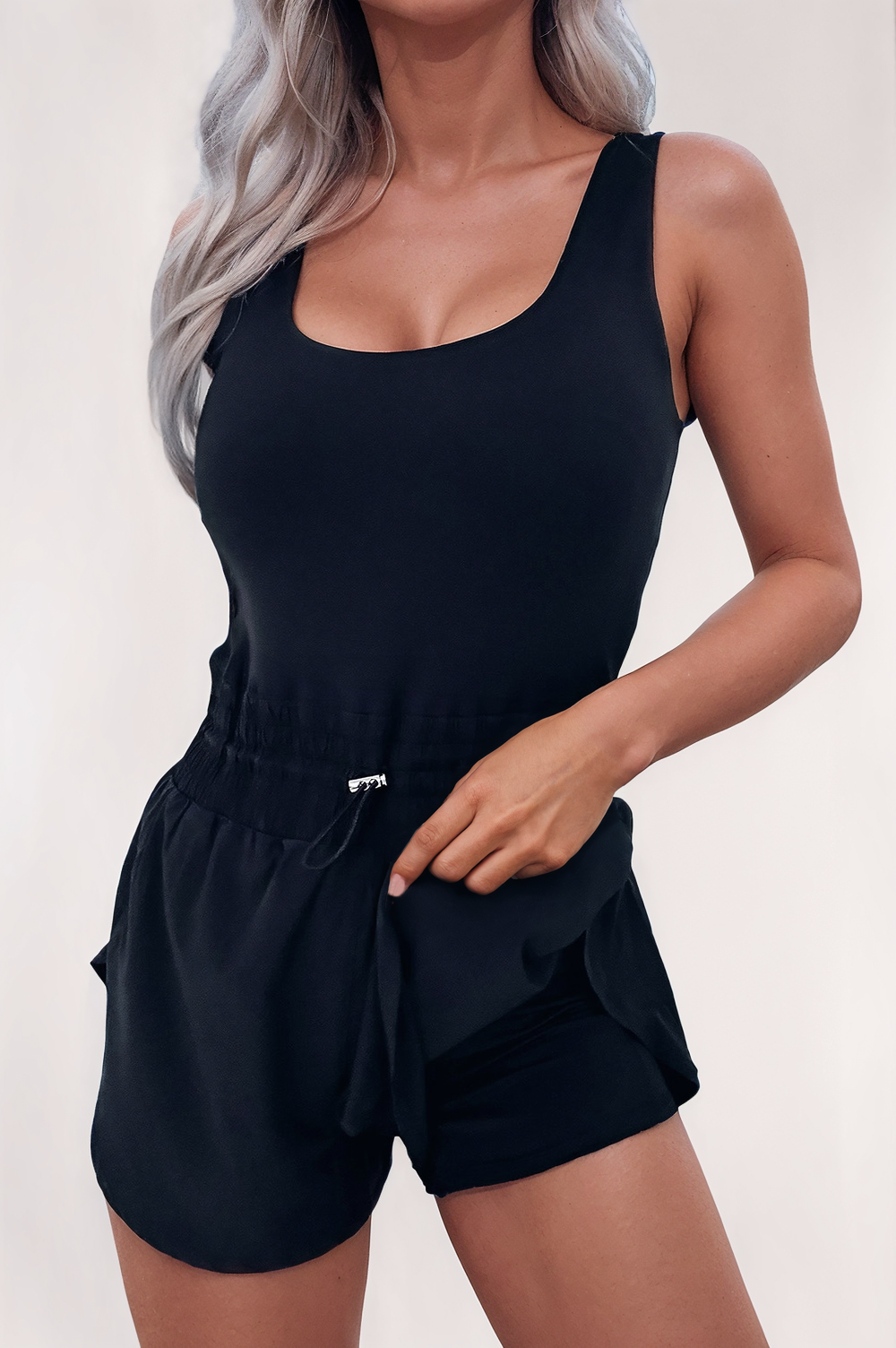 Tank Loop Drawstring Cinched Waist Romper: Black