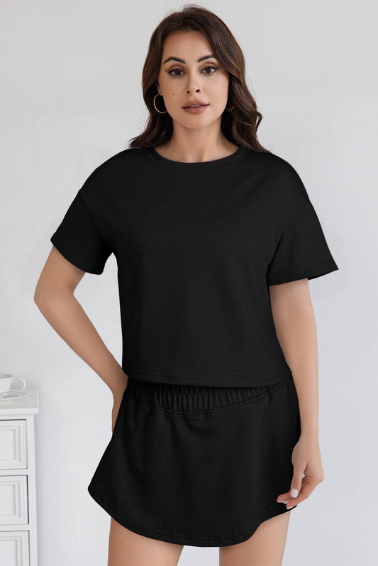 Cropped Tee and Ruffle High Waist Skort Set: Black