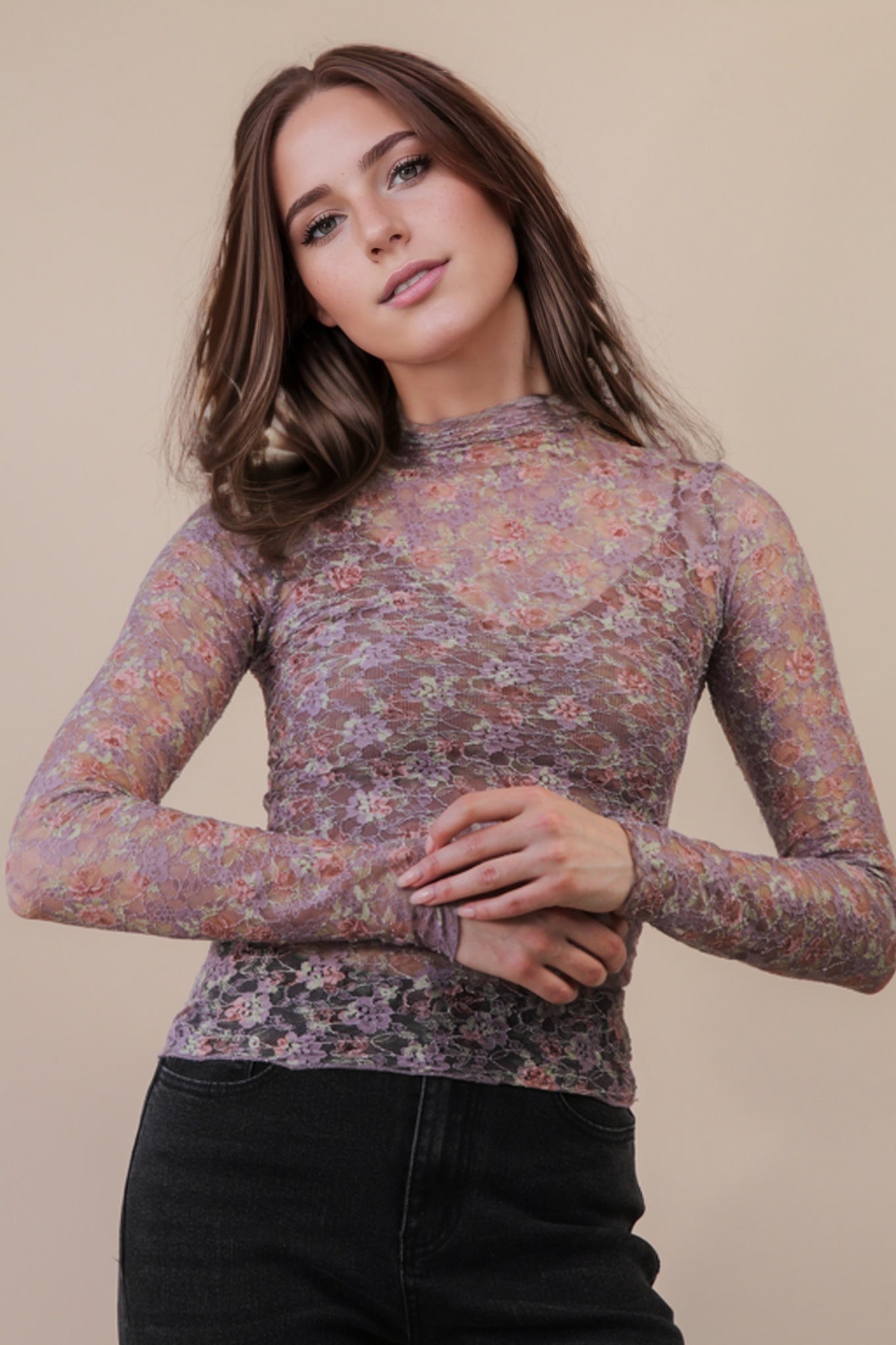 Fitted Sheer Mesh Lace Knit Top