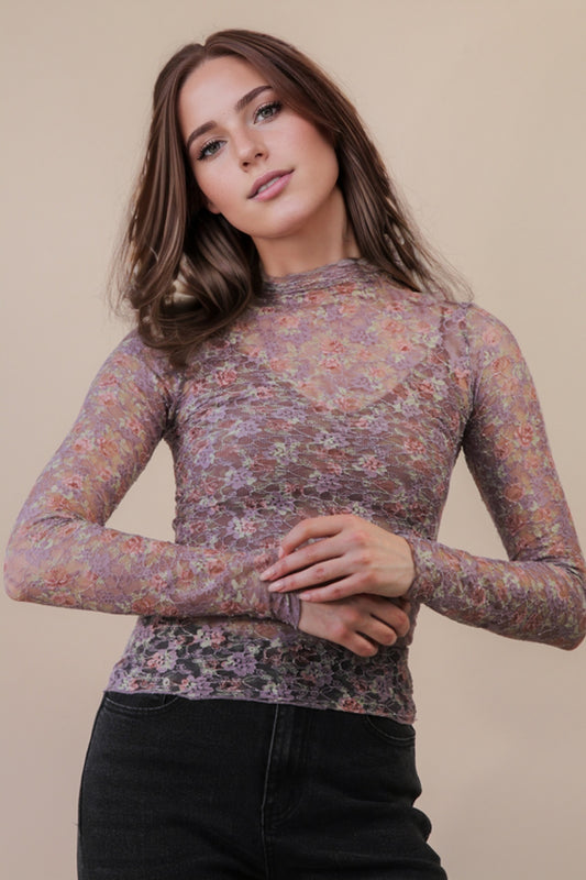 Fitted Sheer Mesh Lace Knit Top